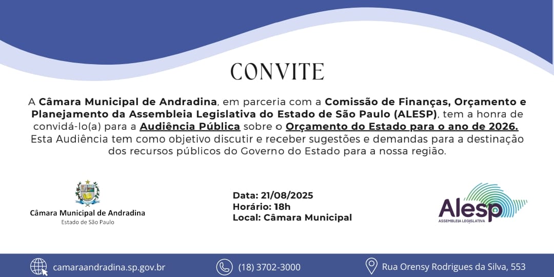 Câmara de Andradina convida população para audiência pública sobre orçamento do Estado para 2006