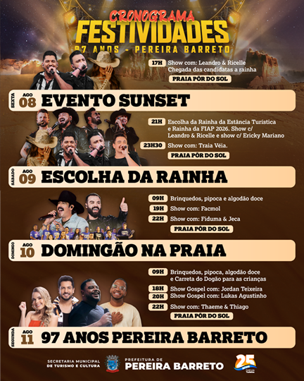 Pereira Barreto divulga programação oficial das festividades de 97 anos com shows gratuitos, atrações infantis e escolha da Rainha