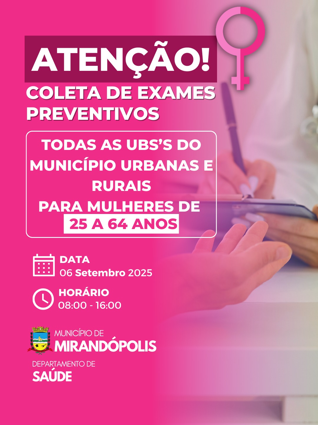 Prefeitura de Mirandópolis promove campanha de coleta de Papanicolau neste sábado (6)