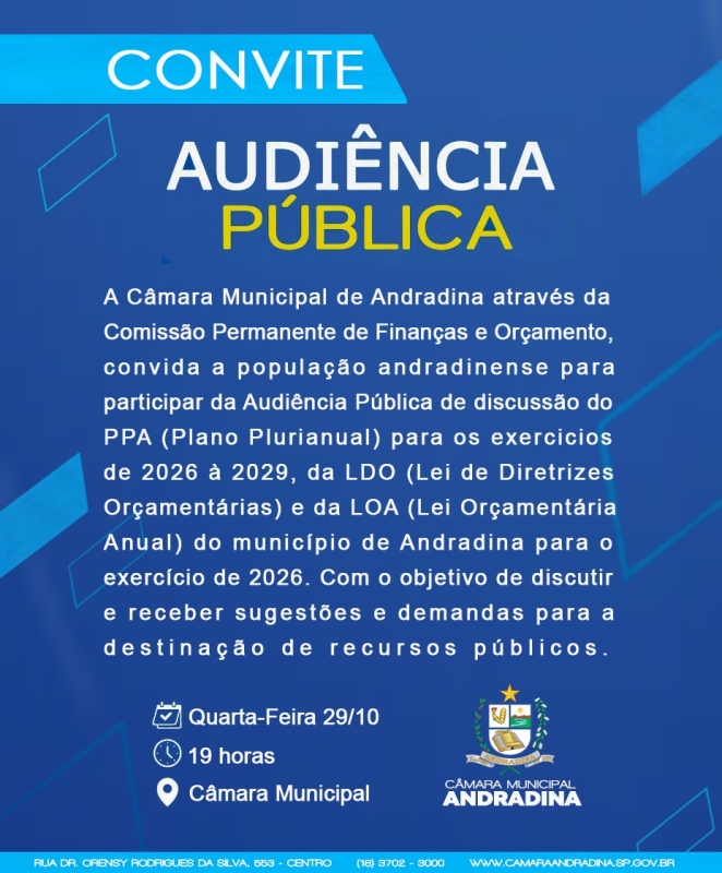 Câmara convida população para audiência sobre PPA, LDO e LOA