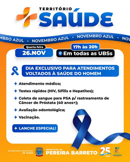Território Saúde promove grande mobilização do Novembro Azul com atendimentos em todas as UBSs nesta quarta-feira