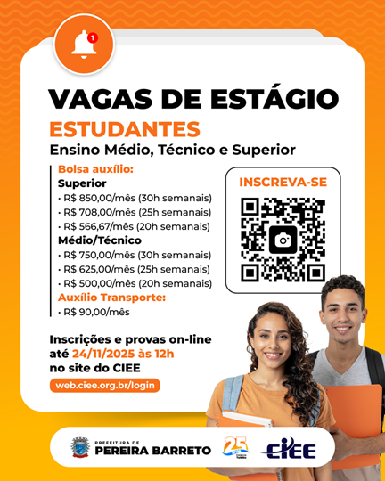 Prefeitura de Pereira Barreto abre vagas de estágio para estudantes de Ensino Médio, Técnico e Superior em diversas áreas