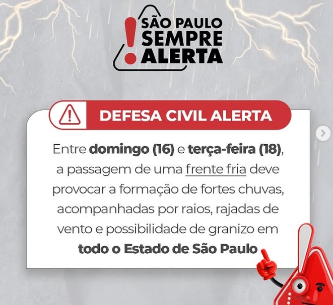 Defesa Civil alerta para chuvas fortes, raios e ventos de mais de 70 km/h