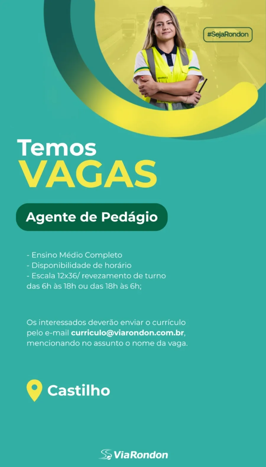 ViaRondon abre vagas para Agente de Pedágio em Castilho