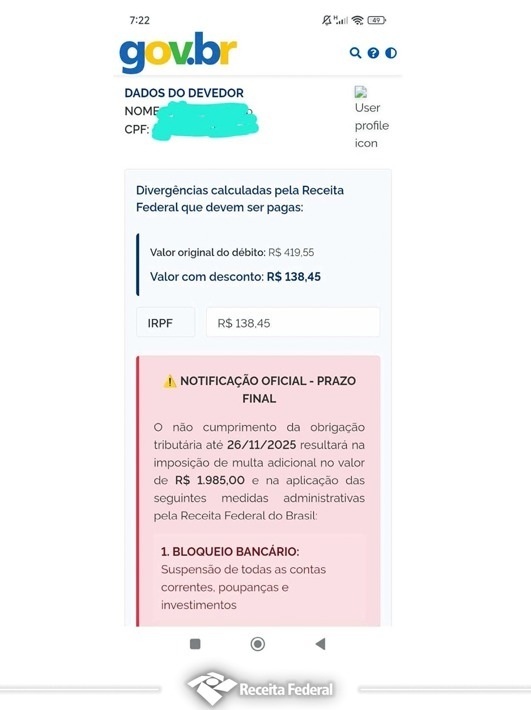 Golpes usam nome e CPF do contribuinte para simular cobranças da Receita Federal