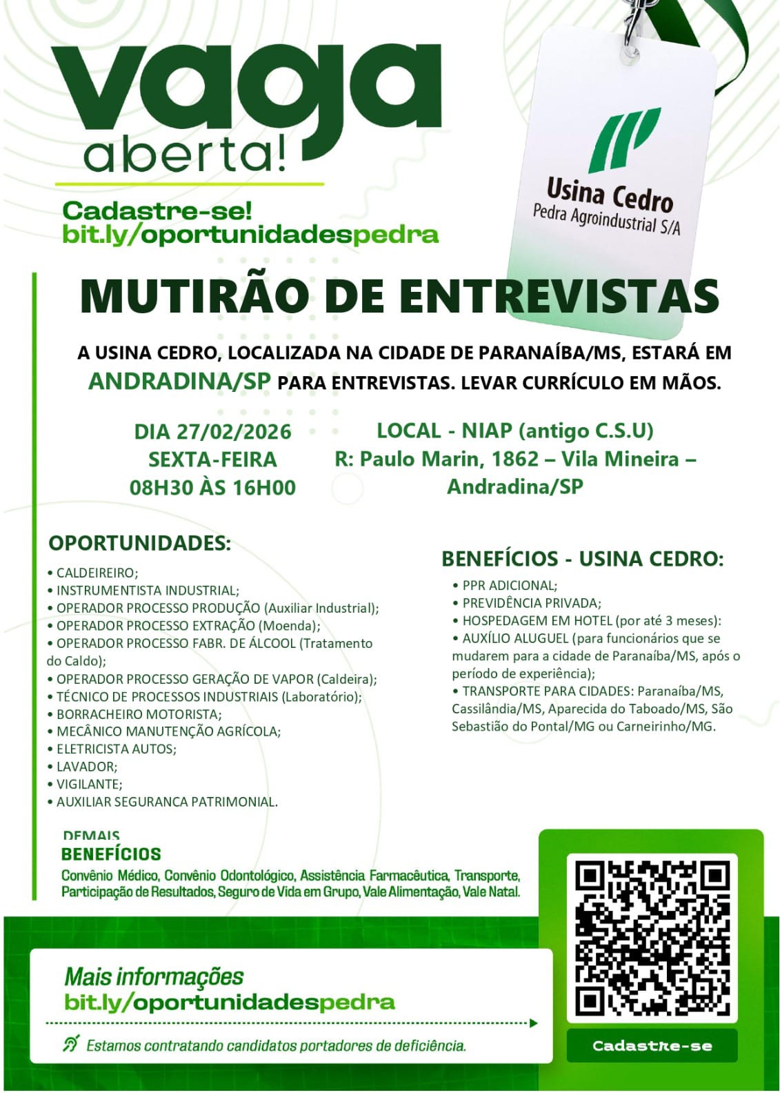 Usina Cedro realiza entrevistas de emprego em Andradina