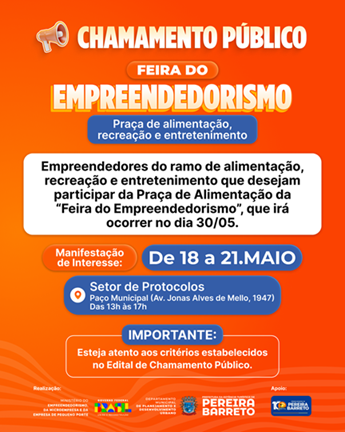 Pereira Barreto abre chamamento para Praça de Alimentação e Lazer da Feira do Empreendedorismo