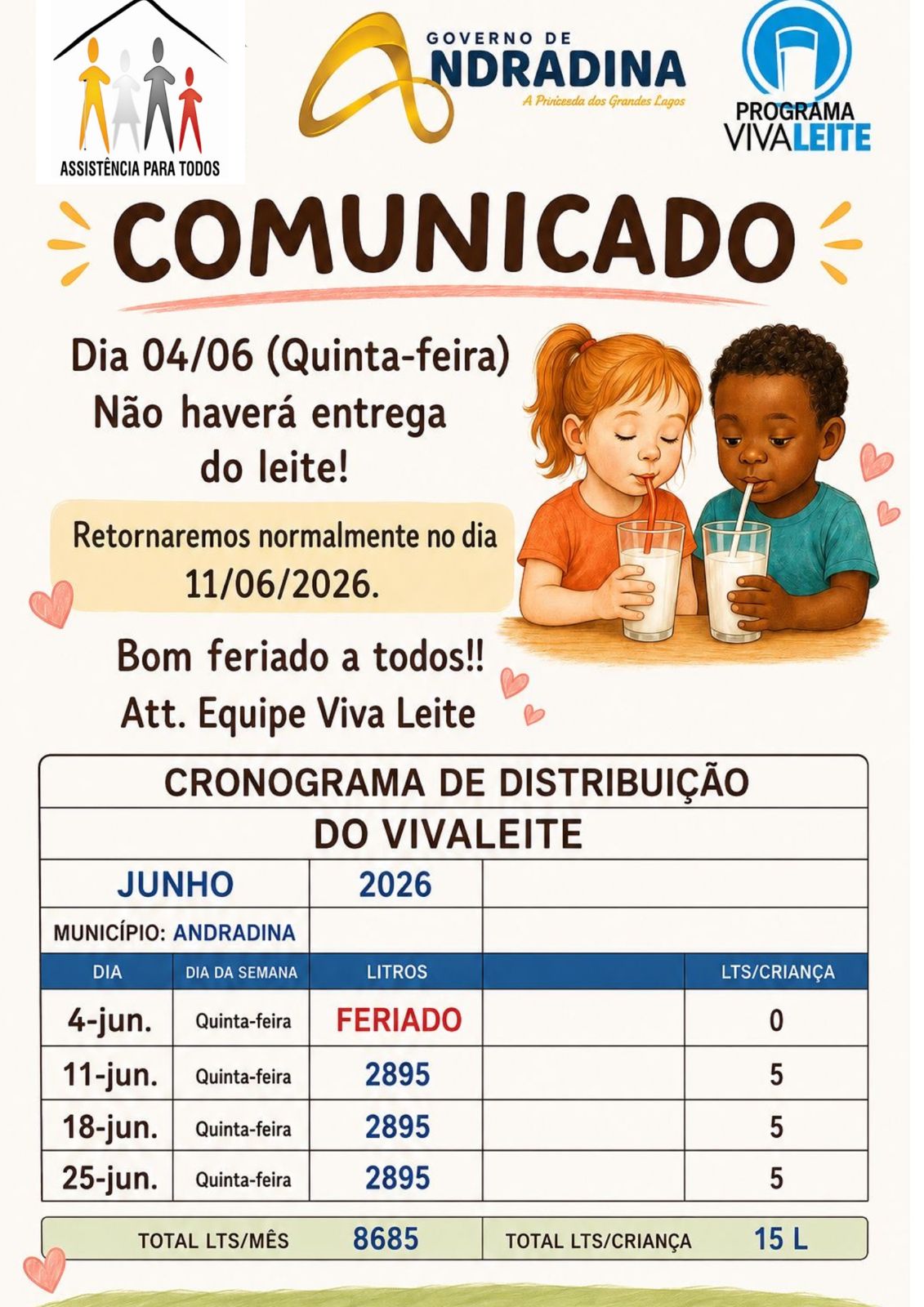 Devido o feriado de Corpus Cristi não haverá entrega do programa Viva Leite na quita feira (4)