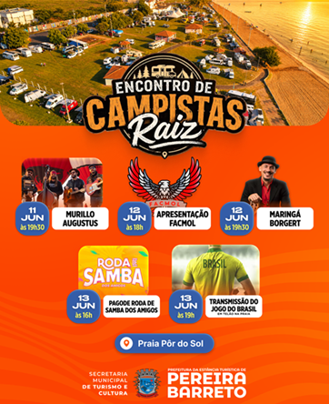 Praia Pôr do Sol em Pereira Barreto recebe nova edição do Encontro de Campistas Raiz com shows e transmissão da Copa do Mundo