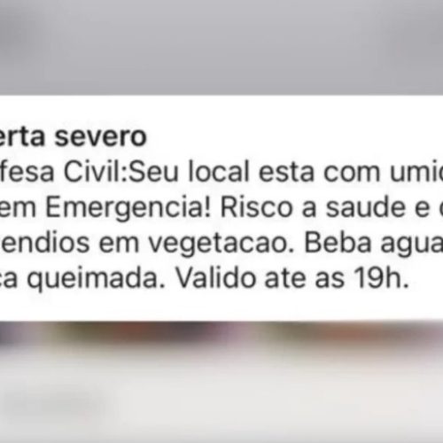Defesa Civil alerta para baixa umidade e risco de queimadas pela 2ª vez em três dias
