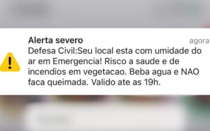 Defesa Civil alerta para baixa umidade e risco de queimadas pela 2ª vez em três dias