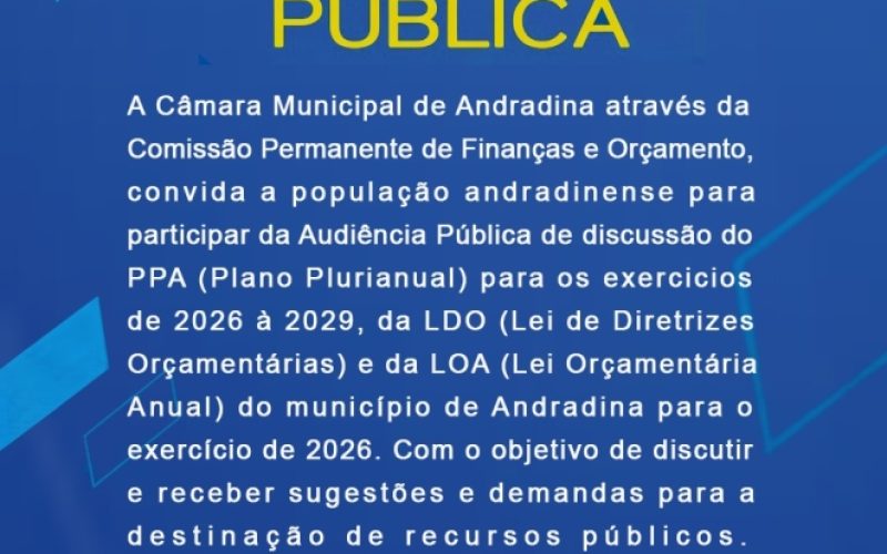 Câmara convida população para audiência sobre PPA, LDO e LOA