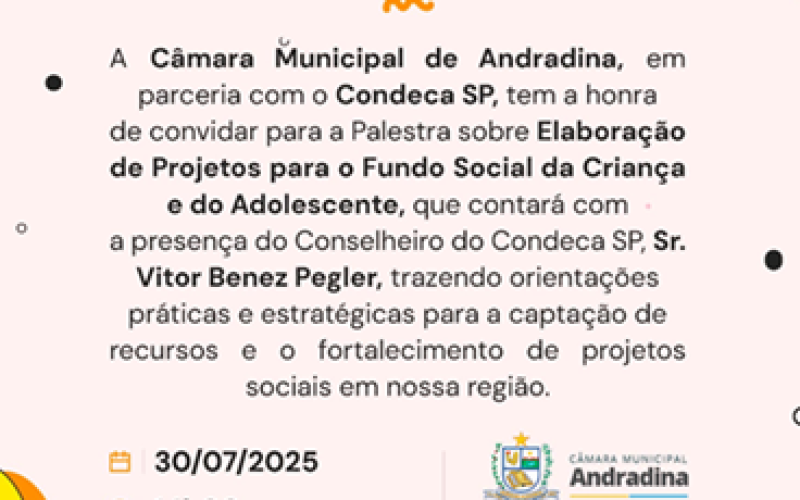 Câmara de Andradina realiza palestra sobre captação de recursos para projetos sociais