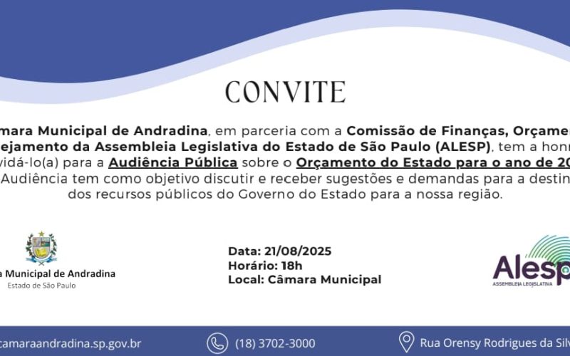 Câmara de Andradina convida população para audiência pública sobre orçamento do Estado para 2026