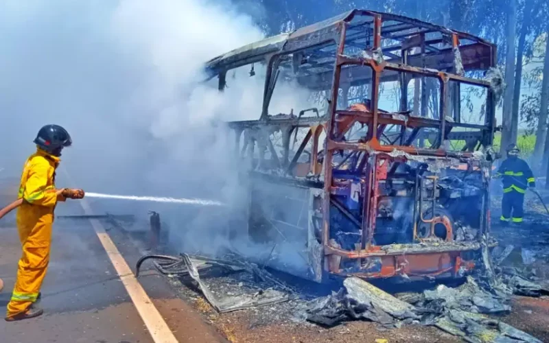 Ônibus é destruído por fogo em rodovia de Castilho