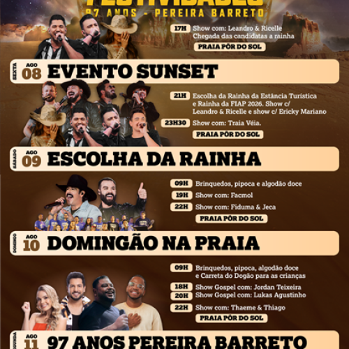Pereira Barreto divulga programação oficial das festividades de 97 anos com shows gratuitos, atrações infantis e escolha da Rainha