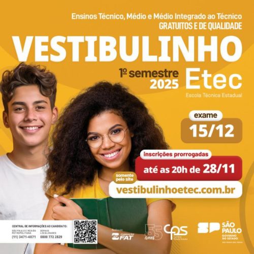 Inscrições para Vestibulinho da Etec são prorrogadas