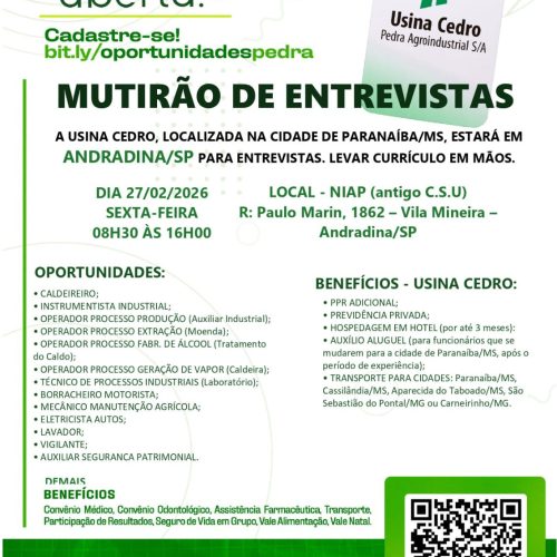 Usina Cedro realiza entrevistas de emprego em Andradina