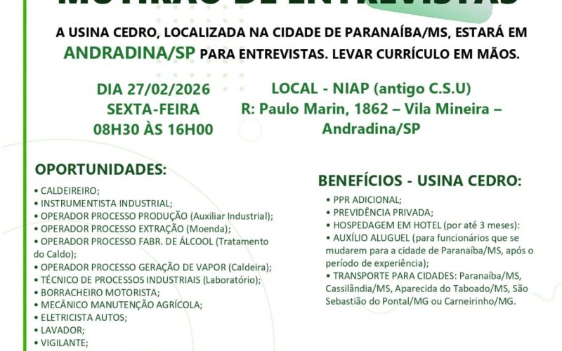Usina Cedro realiza entrevistas de emprego em Andradina