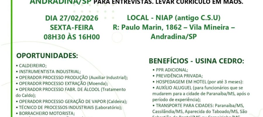 Usina Cedro realiza entrevistas de emprego em Andradina