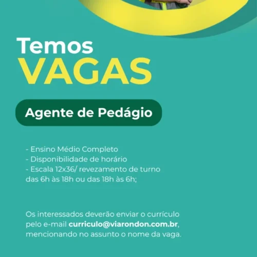 ViaRondon abre vagas para Agente de Pedágio em Castilho
