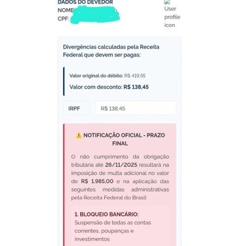 Golpes usam nome e CPF do contribuinte para simular cobranças da Receita Federal