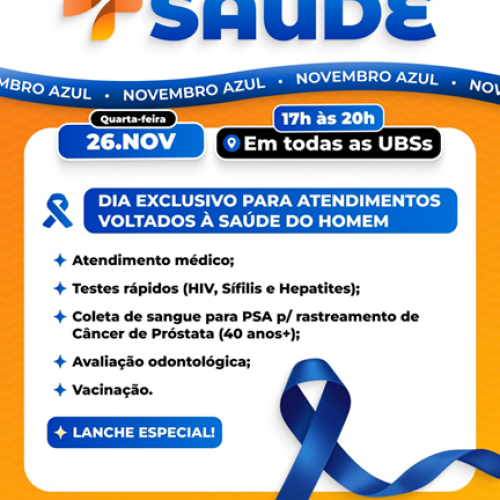 Território Saúde promove grande mobilização do Novembro Azul com atendimentos em todas as UBSs nesta quarta-feira