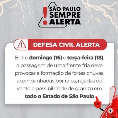 Defesa Civil alerta para chuvas fortes, raios e ventos de mais de 70 km/h