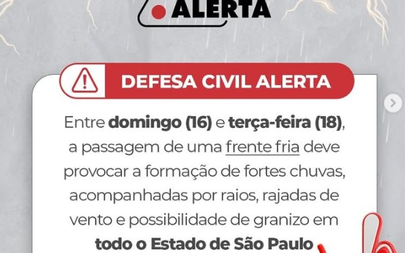 Defesa Civil alerta para chuvas fortes, raios e ventos de mais de 70 km/h